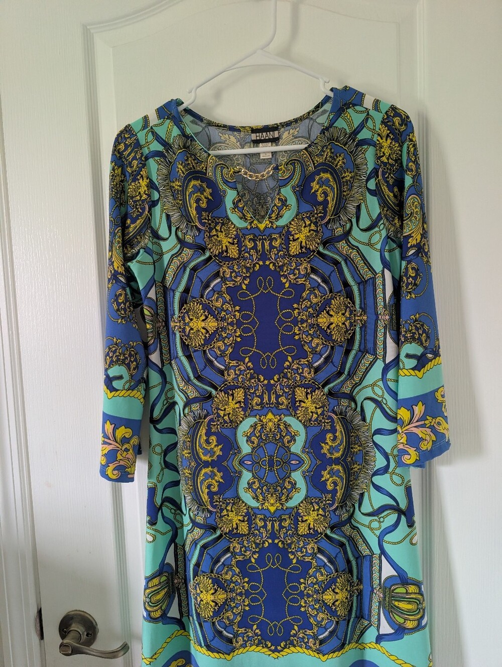 Haani Women Dress 3/4 Sleeve Blue, Green Gold Paisley Size Small